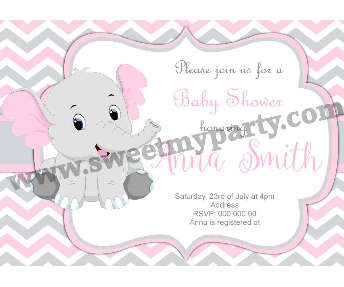 Pink and Grey Elephant Baby Shower Invitation,(10ebb)